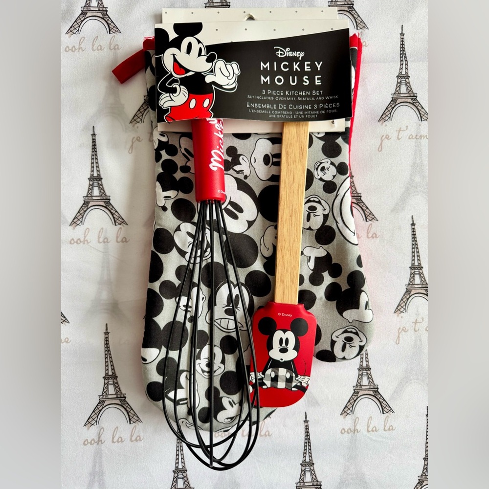 Disney Mickey Mouse Kitchen Set - Black, Red, White - Mitt, Spatula and Whisk